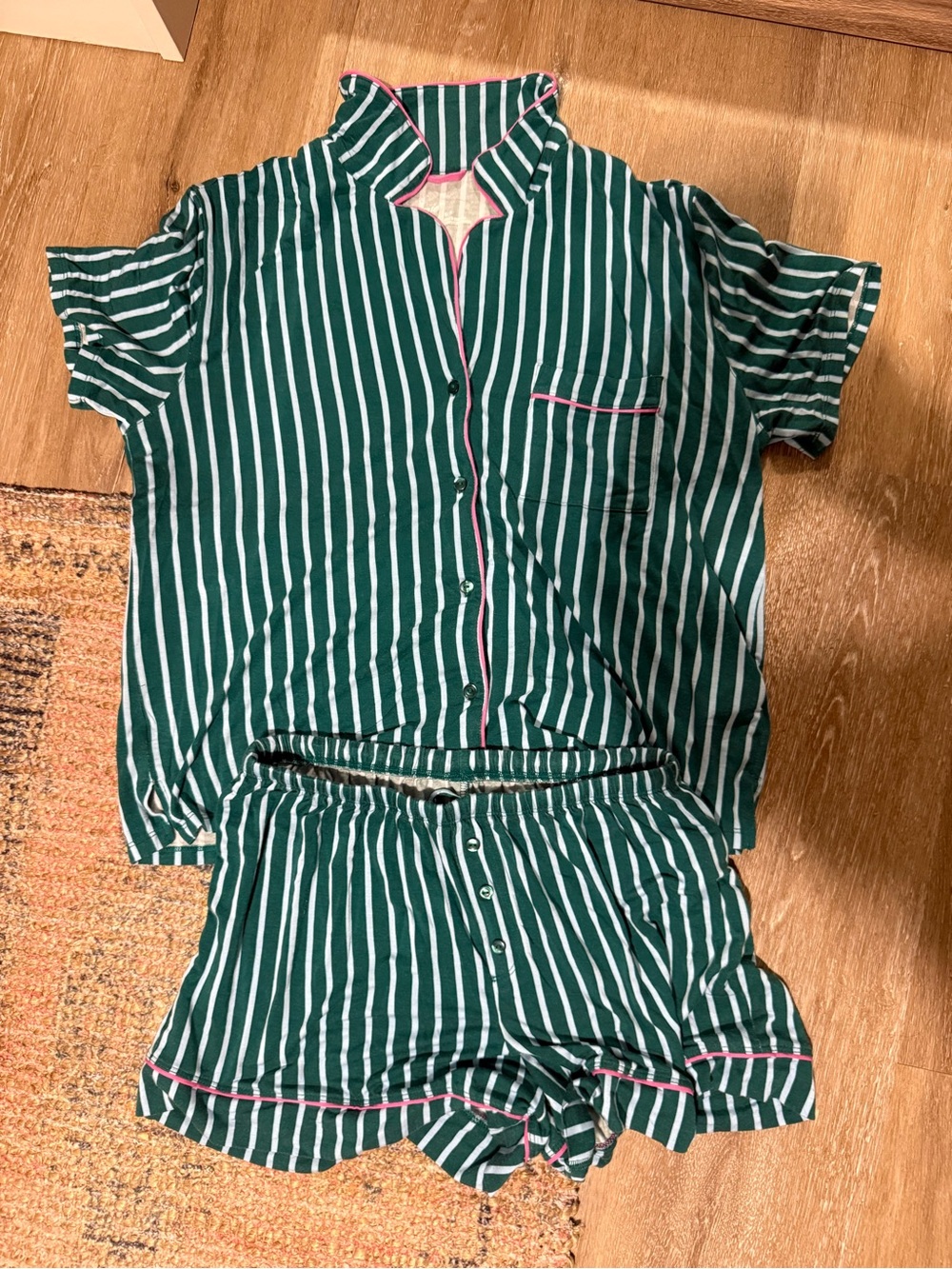 aerie Green & White Striped Short Sleeve Pajama Set with Pink Piping